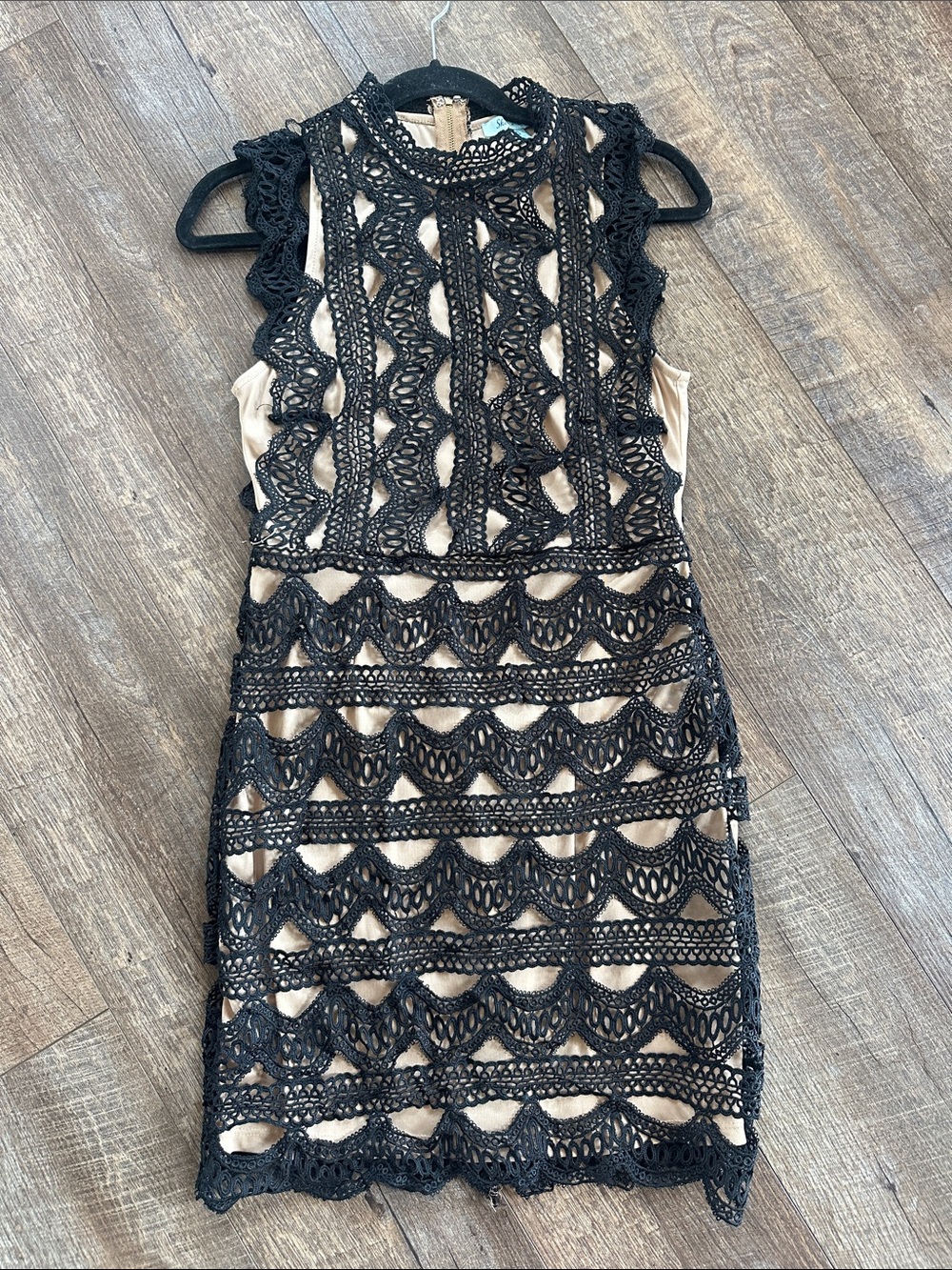 Black Lace Overlay over a nude lining - Elegant Sleeveless Design